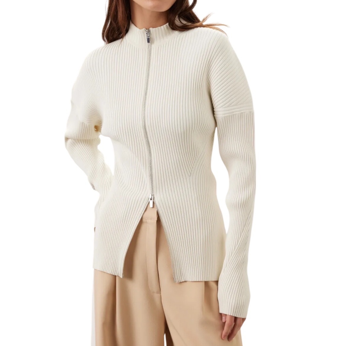 A.L.C. Ribbed Knit Mock Neck Full Zip Cardigan Sweater Cream Ivory Womens M Chic